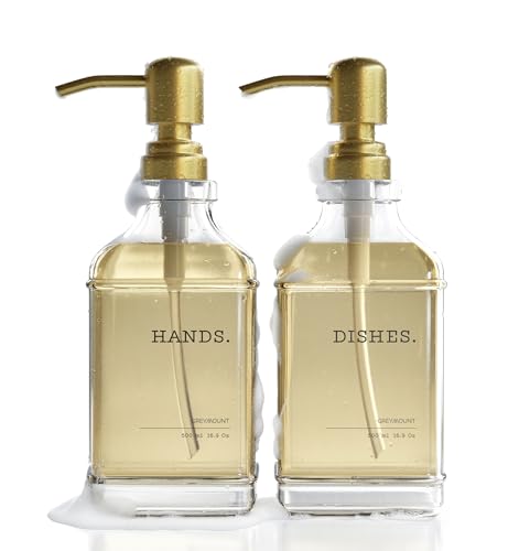 GREYMOUNT ® Glas Seifenspender Set Gold - 2er Pack 500ml | Edelstahl-Pumpspender für Flüssigseife | Spülmittelspender für Küche | Handseifenspender für Bad inkl. 6 wasserfeste Etiketten von Greymount
