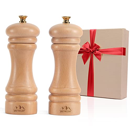 GREYMOUNT ® Salz und Pfeffermühle Holz Natur mit Premium einstellbarem Edelstahl-Mahlwerk | Geschenkidee Gewürzmühle Set Manuell (17 cm, 2 Stück) von Greymount