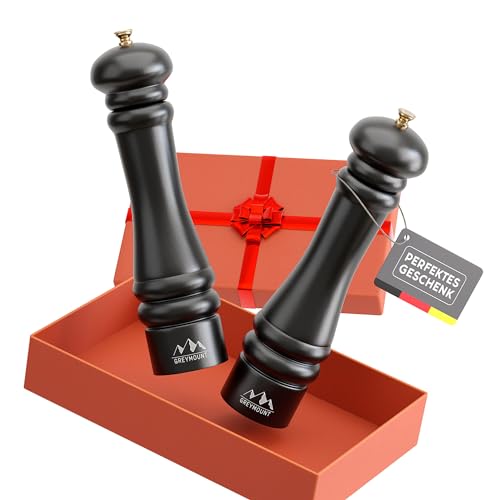 GREYMOUNT ® Salz und Pfeffermühle Holz Groß mit einstellbarem Edelstahl-Mahlwerk | Geschenkidee Gewürzmühlen 2er Set Manuell (27 cm, Schwarz) von GREYMOUNT