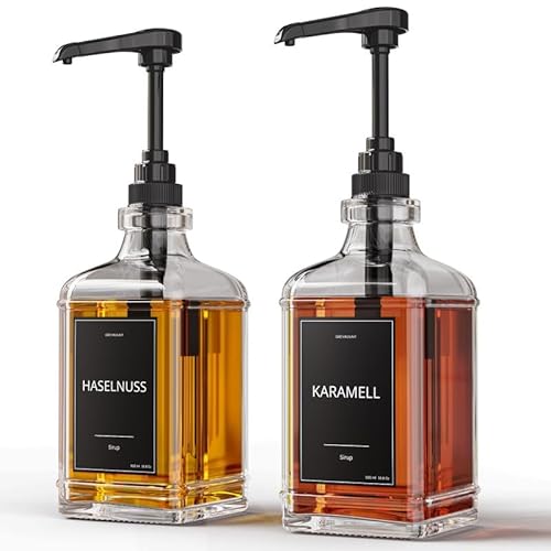 GREYMOUNT ® Sirup Spender Set 2er Pack 500ml Pumpspender für Sirup aus Glas mit Dosierpumpen Schwarz für Kaffee, Cocktails und mehr | Auslaufsicher und Tropffrei | Inklusive 24 Etiketten und Trichter von Greymount