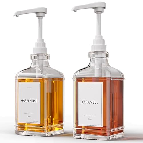 GREYMOUNT ® Sirup Spender Set - 2er Pack 500ml Pumpspender für Sirup aus Glas mit Dosierpumpen Weiß für Kaffee, Cocktails und mehr | Auslaufsicher und Tropffrei | Inklusive 24 Etiketten und Trichter von Greymount