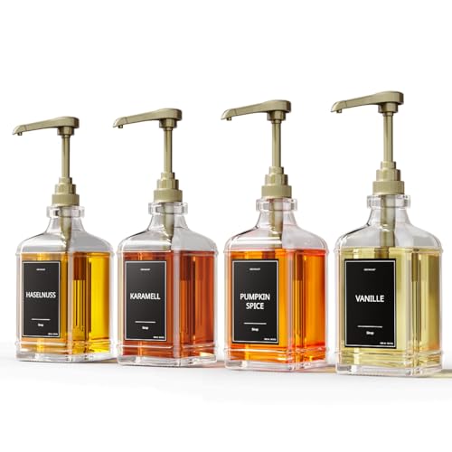 GREYMOUNT ® Sirup Spender Set - 4er Pack 500ml Pumpspender für Sirup aus Glas mit Dosierpumpen Gold für Kaffee, Cocktails und mehr | Inklusive 48 Etiketten und Trichter von Greymount