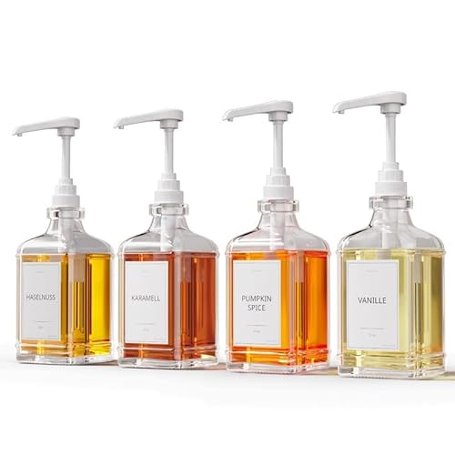 GREYMOUNT ® Sirup Spender Set - 4er Pack 500ml Pumpspender für Sirup aus Glas mit Dosierpumpen Weiß für Kaffee, Cocktails und mehr | Auslaufsicher und Tropffrei | Inklusive 48 Etiketten und Trichter von Greymount