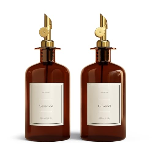 Greymount ® Essig und Ölflaschen Set - 2er Pack Ölspender 500ml | Ölflasche aus Braunglas mit Ausgießer Gold für Olivenöl, Essig und mehr | Perfekt für Kochen, Salate und BBQ von Greymount