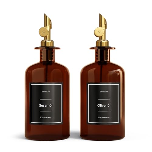 Greymount ® Essig und Ölflaschen Set - 2er Pack Ölspender 500ml | Ölflasche aus Braunglas mit Ausgießer Gold für Olivenöl, Essig und mehr | Perfekt für Kochen, Salate und BBQ von Greymount