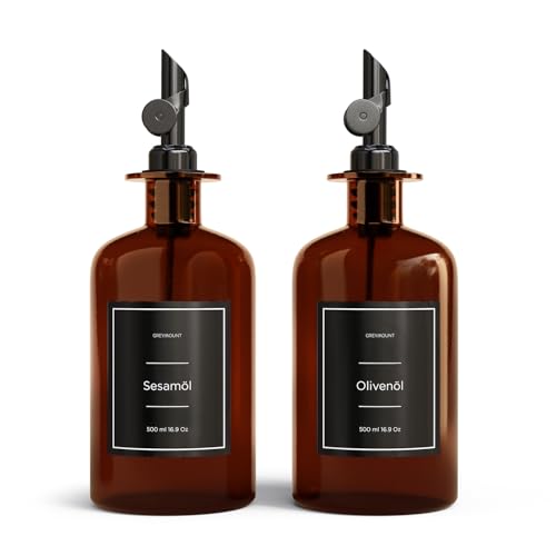 Greymount ® Essig und Ölflaschen Set - 2er Pack Ölspender 500ml | Ölflasche aus Braunglas mit Ausgießer Schwarz für Olivenöl, Essig und mehr | Perfekt für Kochen, Salate und BBQ von Greymount