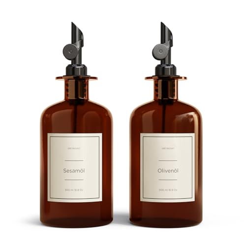 Greymount ® Essig und Ölflaschen Set - 2er Pack Ölspender 500ml | Ölflasche aus Braunglas mit Ausgießer Schwarz für Olivenöl, Essig und mehr | Perfekt für Kochen, Salate und BBQ von Greymount