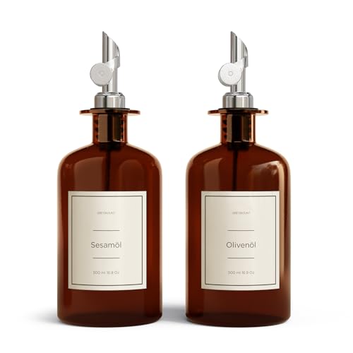 Greymount ® Essig und Ölflaschen Set - 2er Pack Ölspender 500ml | Ölflasche aus Braunglas mit Ausgießer Silber für Olivenöl, Essig und mehr | Perfekt für Kochen, Salate und BBQ von Greymount