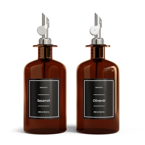 Greymount ® Essig und Ölflaschen Set - 2er Pack Ölspender 500ml | Ölflasche aus Braunglas mit Ausgießer Silber für Olivenöl, Essig und mehr | Perfekt für Kochen, Salate und BBQ von Greymount