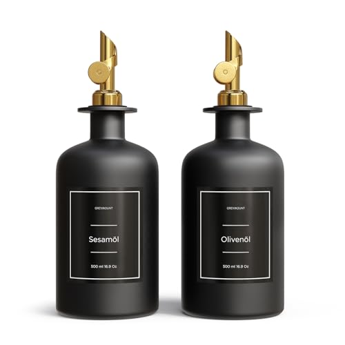 Greymount ® Essig und Ölflaschen Set - 2er Pack Ölspender 500ml | Ölflasche aus Glas mit Ausgießer Gold für Olivenöl, Essig und mehr | Perfekt für Kochen, Salate und BBQ von Greymount