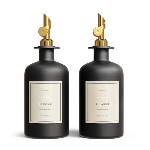 Greymount ® Essig und Ölflaschen Set - 2er Pack Ölspender 500ml | Ölflasche aus Glas mit Ausgießer Gold für Olivenöl, Essig und mehr | Perfekt für Kochen, Salate und BBQ von Greymount