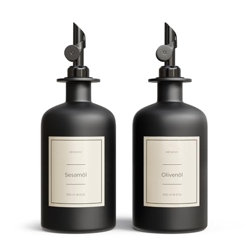 Greymount ® Essig und Ölflaschen Set - 2er Pack Ölspender 500ml | Ölflasche aus Glas mit Ausgießer Schwarz für Olivenöl, Essig und mehr | Perfekt für Kochen, Salate und BBQ von Greymount