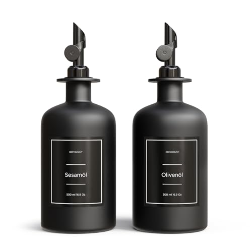 Greymount ® Essig und Ölflaschen Set - 2er Pack Ölspender 500ml | Ölflasche aus Glas mit Ausgießer Schwarz für Olivenöl, Essig und mehr | Perfekt für Kochen, Salate und BBQ von Greymount