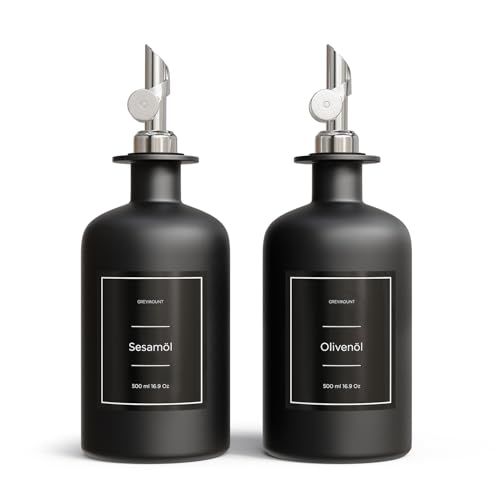 Greymount ® Essig und Ölflaschen Set - 2er Pack Ölspender 500ml | Ölflasche aus Glas mit Ausgießer Silber für Olivenöl, Essig und mehr | Perfekt für Kochen, Salate und BBQ von Greymount