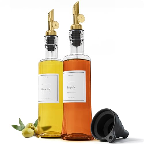 Greymount ® Ölflasche Set - 2er Pack 300m Essig und Ölspender aus Glas mit Ausgießer Gold für Olivenöl und mehr | Auslaufsicher und Tropffrei | Inklusive 27 Etiketten und Trichter von Greymount