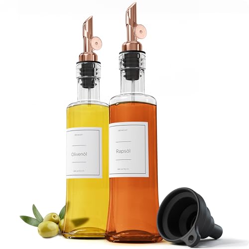 Greymount ® Ölflasche Set - 2er Pack 300m Essig und Ölspender aus Glas mit Ausgießer Rose Gold für Olivenöl und mehr | Auslaufsicher und Tropffrei | Inklusive 27 Etiketten und Trichter von Greymount