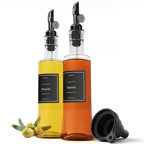 Greymount ® Ölflasche Set - 2er Pack 300m Essig und Ölspender aus Glas mit Ausgießer Schwarz für Olivenöl und mehr | Auslaufsicher und Tropffrei | Inklusive 27 Etiketten und Trichter von Greymount
