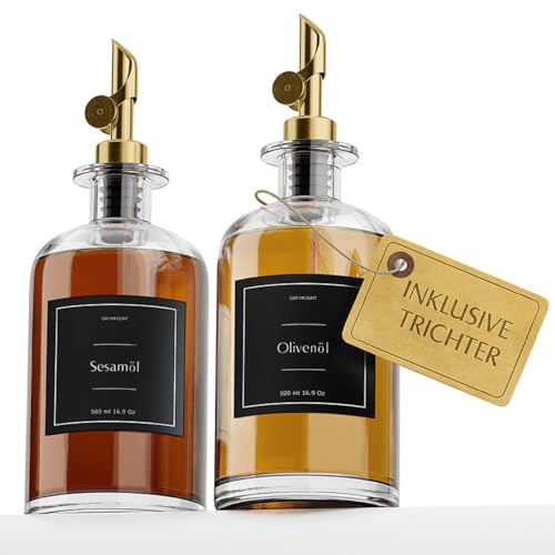 Greymount ® Ölspender Set - 2er Pack 500ml Ölflasche aus Glas mit Ausgießer Gold Schwarz für Olivenöl, Essig und mehr | Auslaufsicher und Tropffrei | Inklusive 27 Etiketten und Trichter von Greymount