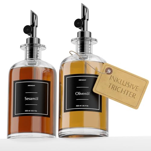 Greymount ® Ölspender Set - 2er Pack 500ml Ölflasche aus Glas mit Ausgießer Schwarz für Olivenöl, Essig und mehr | Auslaufsicher und Tropffrei | Inklusive 27 Etiketten und Trichter von Greymount