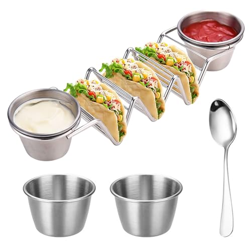 Greyoe 1 Stück Taco Halter, Hotdog Halter, Hot Dog Halter, Edelstahl – Wellenförmiger Taco-Halter für Hot Dogs, Sandwiches, Pfannkuchen und Nehr, Kommt mit wei Saucenbechern, Dessertlöffel Greyoe 1 Stück Taco Halter, Hotdog Halter, Hot Dog Halter, Edelstahl – Wellenförmiger Taco-Halter für Hot Dogs, Sandwiches, Pfannkuchen und Nehr, Kommt mit wei Saucenbechern, Dessertlöffel von Greyoe