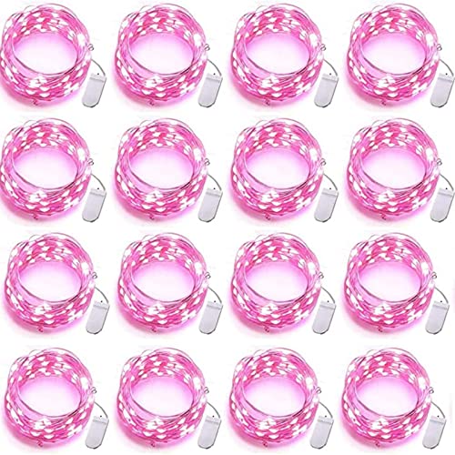 Grezea 16 Stück rosa Lichterketten, batteriebetrieben, 3 m, 30 LEDs, Einmachglas, wasserdichte Glühwürmchen-Lichter, Silberdraht, Mini-LED-Lichter zum Basteln, Flaschenvasen, Blume, Valentinstag von Grezea