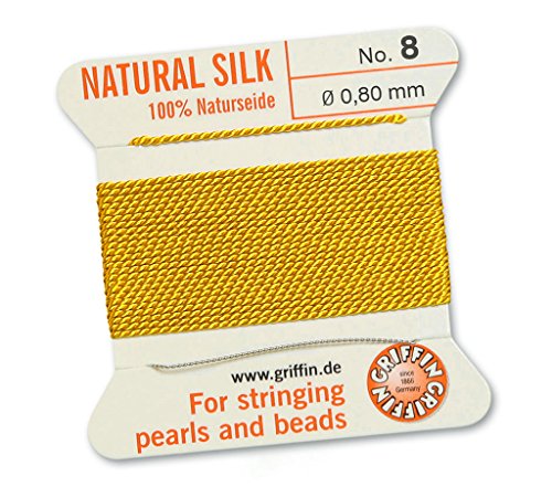 Griffin 100% Natur Seide/Cord/String/Gewinde für Besaitung Perlen oder Perlen – Gelb – 2 Meter mit einem Nadel – wählen Sie aus 13 Größen, gelb, 0.80mm von Griffin Since 1866 Germany