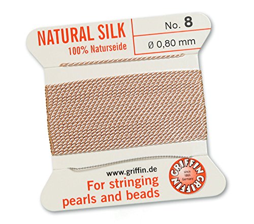 Griffin 100% Natur Seide/Cord/String/Gewinde für Besaitung Perlen oder Perlen – Light Pink – 2 Meter mit einem Nadel – wählen Sie aus 13 Größen, rose, 0.80mm von Griffin Since 1866 Germany