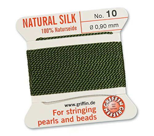 Griffin 100% Natur Seide/Cord/String/Gewinde für Besaitung Perlen oder Perlen – Olive Grün – 2 Meter mit einem Nadel – wählen Sie aus 13 Größen, grün, 0.90mm (No. 10) von Griffin Since 1866 Germany