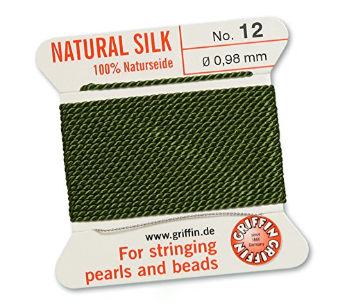 Griffin 100% Natur Seide/Cord/String/Gewinde für Besaitung Perlen oder Perlen – Olive Grün – 2 Meter mit einem Nadel – wählen Sie aus 13 Größen, grün, 0.98mm (No. 12) von Griffin Since 1866 Germany