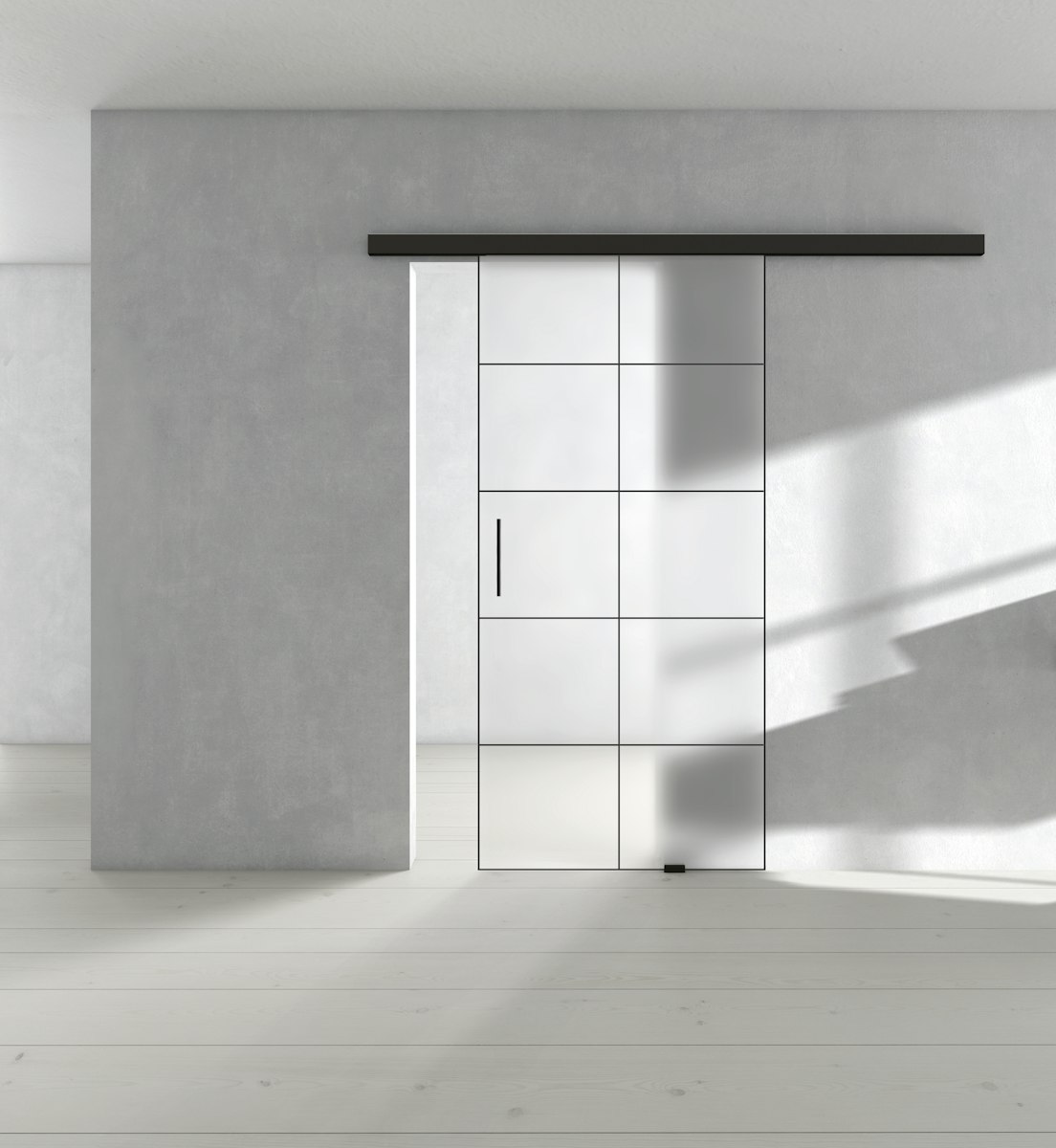 Griffwerk Glasschiebetür (VSG) inkl. Rahmen SNOWWHITE 501 VSG PURE WHITE matt 935x2058 inkl. AIR LOFT-2 Graphitschwarz von Griffwerk