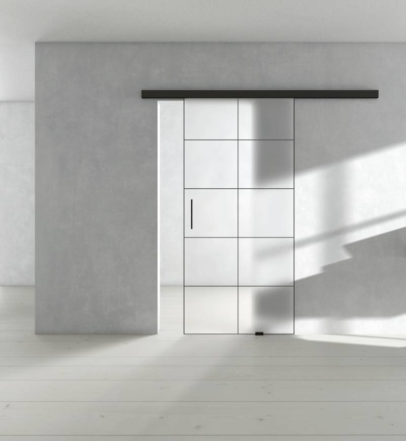 Griffwerk Glasschiebetür (VSG) inkl. Rahmen SNOWWHITE 501 VSG PURE WHITE matt 935x2058 inkl. AIR LOFT-2 Graphitschwarz von Griffwerk