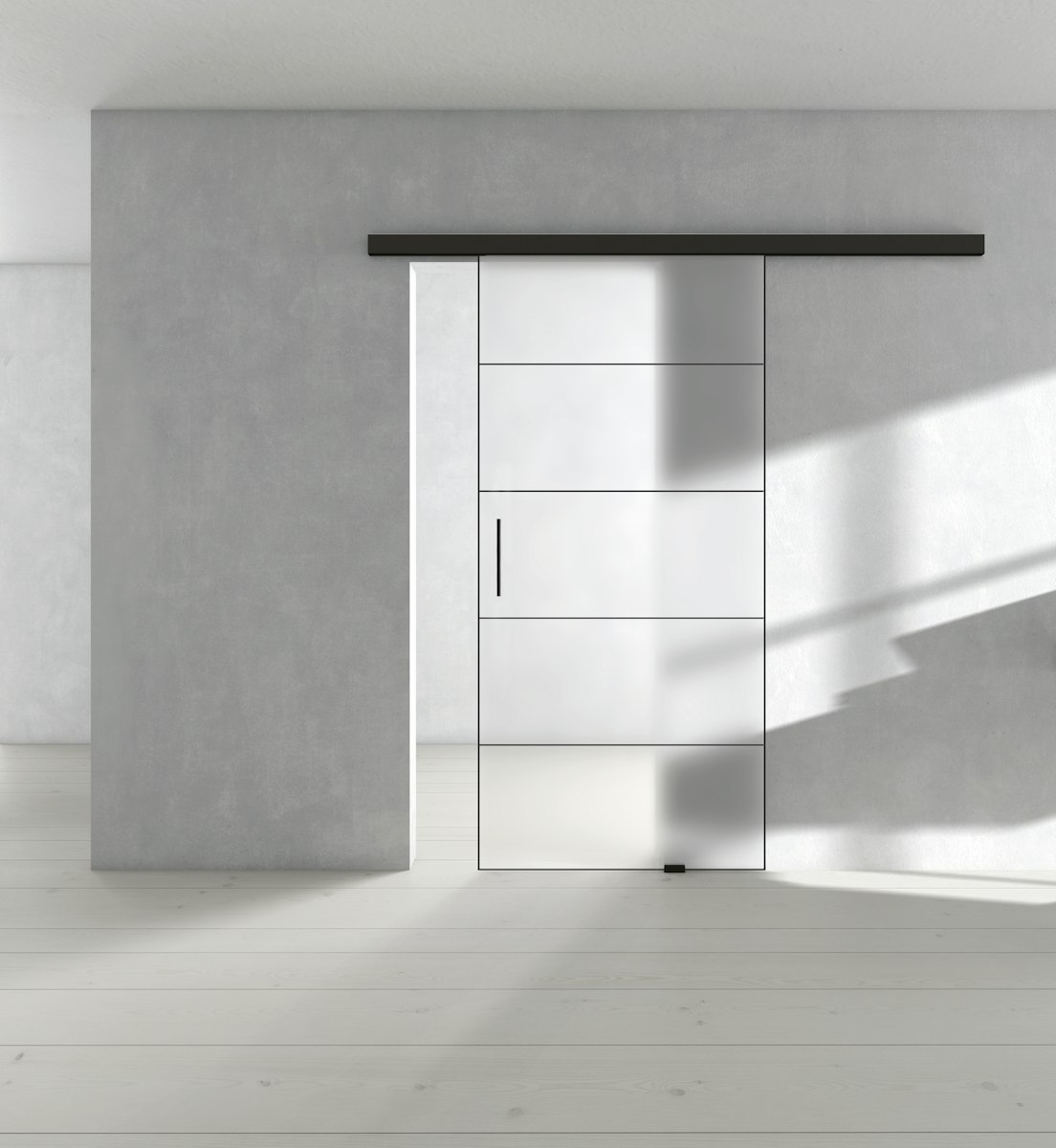 Griffwerk Glasschiebetür (VSG) inkl. Rahmen SNOWWHITE 501 VSG PURE WHITE matt 935x2183 inkl. AIR LOFT-1 Graphitschwarz von Griffwerk