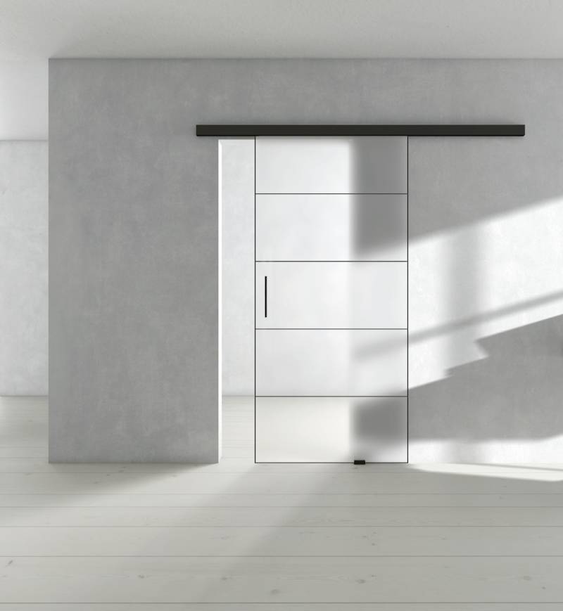 Griffwerk Glasschiebetür (VSG) inkl. Rahmen SNOWWHITE 501 VSG PURE WHITE matt 935x2183 inkl. AIR LOFT-1 Graphitschwarz von Griffwerk