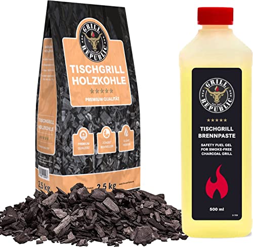 Grill Republic Tischgrill Holzkohle 2,5kg mit Brennpaste 500ml - Tischgrillkohle aus 100% Buchenholz - optimales Zubehör für den Holzkohletischgrill - rauchfreies Grillen mit Tischgrill von Grill Republic