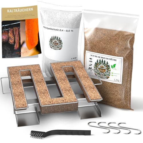 Kaltrauchgenerator/Räucherschnecke + 1,2 kg Räuchermehl Buche + 1 kg Nitritpökelsalz + 4 Haken & Bürste – Kalträucher-Set aus Edelstahl für Fleisch, Fisch, Speck, Wurst – Inkl. Gratis PDF-Ratgeber von Grill'n Chips