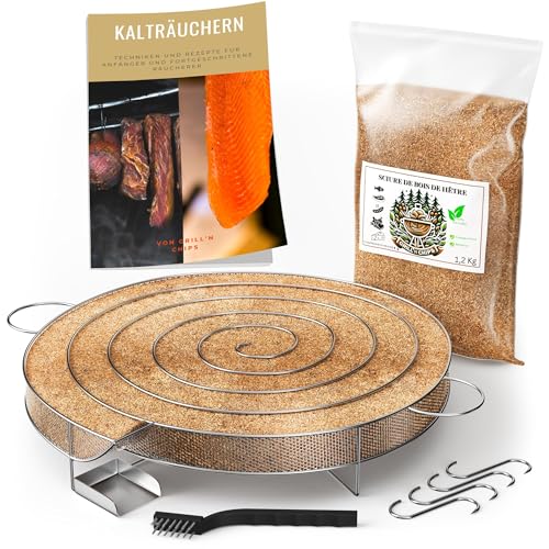 Kaltrauchgenerator (30 cm)/ Räucherschnecke für Räucherofen + 1,2 kg Räuchermehl Buche + 4 Fleischhaken & Reinigungsbürste – Edelstahl-Spirale für Fleisch, Fisch, Wurst – Inkl. PDF-Ratgeber (Gratis) von Grill'n Chips