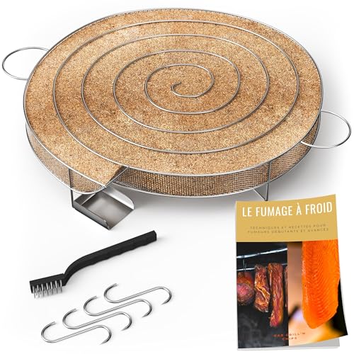 Kaltrauchgenerator (30 cm) /Räucherschnecke für Räucherofen Fleisch und Fisch + 4 Fleischerhaken und 1 Reinigungsbürste - Gratis E-Book von Grill'n Chips