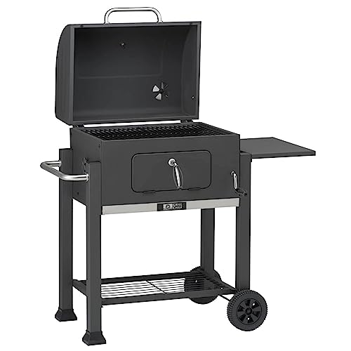 GRILLCHEF Holzkohle Grillwagen | Mit 2-teilig emaillierten Grillrost & höhenverstellbarem Kohleblech | Besitzt Temperaturanzeige, abklappbaren Seitentisch & Ascheschublade [Arbeitshöhe 85,5 cm] von Grillchef