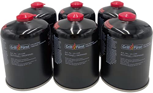 Grillfürst 6 x 450g Butan Gaskartusche/Schraubkartusche mit EN 417 Schraubgewinde, 7/16 Zoll Durchmesser und Ventil für Grill, Gaskocher, Campingkocher, Gasheizung Grillfürst 6 x 450g Butan Gaskartusche/Schraubkartusche mit EN 417 Schraubgewinde, 7/16 Zoll Durchmesser und Ventil für Grill, Gaskocher, Campingkocher, Gasheizung von Grillfürst