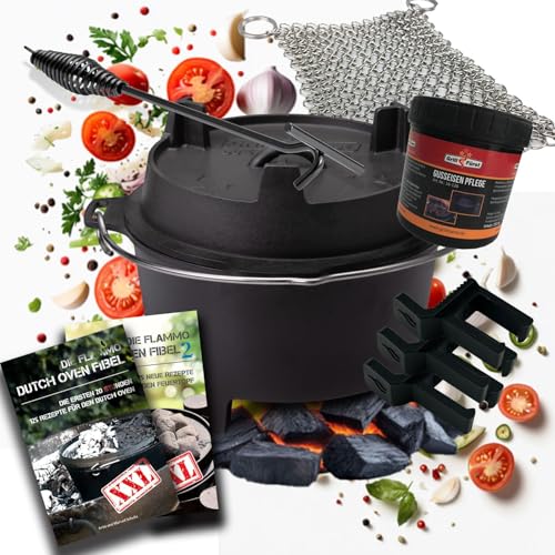 Grillfürst Dutch Oven BBQ DO 9 (ca. 9 Liter) - mit 35cm Deckelheber, Abstandshalter, Ringreiniger, Pflegepaste + 2x Dutch Oven Fibel XXL von Grillfürst