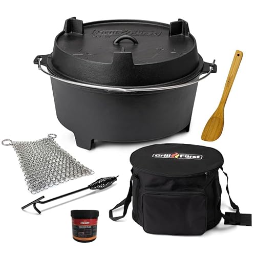 Grillfürst Dutch Oven ca. 20 Liter - hitzebeständiger Gusseisen Topf, speziell entwickelte T-Füße, Deckel nutzbar, DO20 inkl. Deckelheber, Tasche, Pflegepaste, Ringreiniger und Holzlöffel von Grillfürst