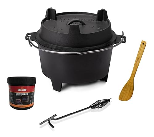 Grillfürst Dutch Oven ca. 6 Liter - stabil stehender Feuertopf durch speziell entwickelte T-Füße, hitzebeständiger Gusseisen Topf, Deckel als Pfanne nutzbar, DO 6 von Grillfürst