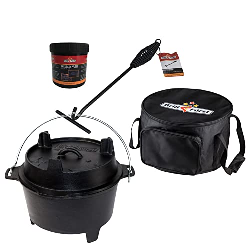 Grillfürst Dutch Oven ca. 6 Liter - stabil stehender Feuertopf durch speziell entwickelte T-Füße, hitzebeständiger Gusseisen Topf, Deckel nutzbar, DO6 inkl. Deckelheber, Tasche und Pflegepaste von Grillfürst