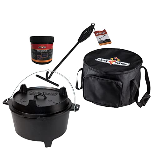 Grillfürst Dutch Oven ca. 9 Liter - stabil stehender Feuertopf durch speziell entwickelte T-Füße, hitzebeständiger Gusseisen Topf, Deckel nutzbar, DO9 inkl. Deckelheber, Tasche und Pflegepaste von Grillfürst