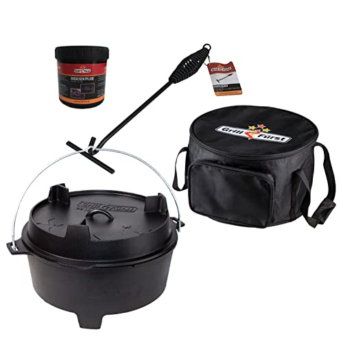 Grillfürst Dutch Oven ca.12 Liter - stabil stehender Feuertopf durch speziell entwickelte T-Füße, hitzebeständiger Gusseisen Topf, Deckel nutzbar, DO12 inkl. Deckelheber, Tasche und Pflegepaste von Grillfürst