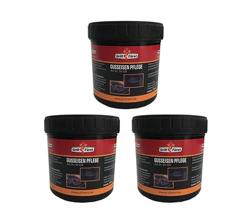 Grillfürst Einbrenn- und Pflegepaste inkl. Schwamm, 3 x 250 ml - Pflege für Gusseisen, Gussrost, Dutch Oven und Feuertopf, aus Kokosnussöl und Wachs von Grillfürst