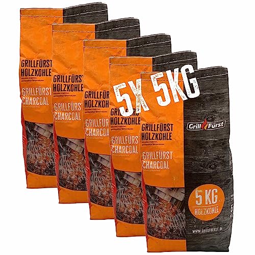 Grillfürst Holzkohle 25 kg - nachhaltige Holzkohle in großer Stückelung und mit hohem Brennwert, saubere und effiziente Verbrennung, 5 x 5 kg Grillfürst Holzkohle 25 kg - nachhaltige Holzkohle in großer Stückelung und mit hohem Brennwert, saubere und effiziente Verbrennung, 5 x 5 kg von Grillfürst