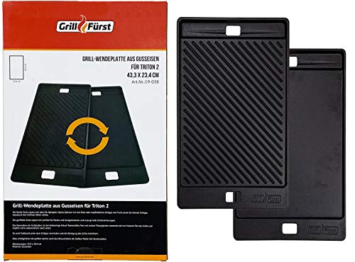 Grillfürst Universal Gusseisenplatte Grill 43,5 x 23,5 cm - massive Gusseisen Grillplatte mit großen Griffen, Gussplatte beidseitig verwendbar, geeignet für Landmann Triton 2 von Grillfürst