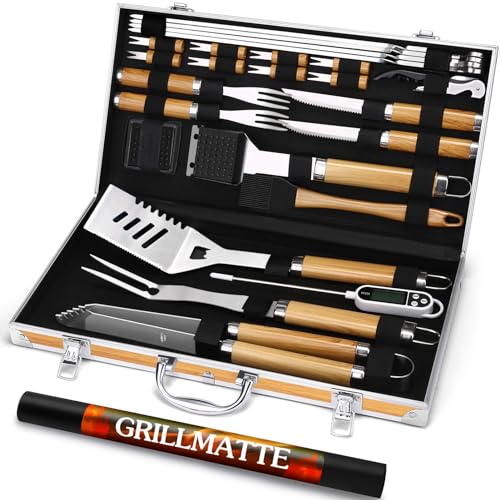 Grilliance 26 Stücke Edelstahl Grillzubehör Set Hochwertiger BBQ Grillbesteck Koffer Perfektes Grillwerkzeug Set für Männer Geschenk mit Tragbarer Aufbewahrungskoffer und Fleischthermometer Gelb von Grilliance