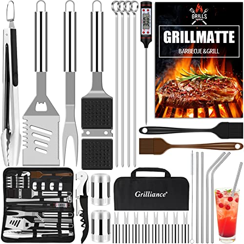 Grilliance BBQ Grillbesteck Set 30 Grillzubehör aus Hochwertiger Edelstahl Grillzange Grillspachtel Korkenzieher Grillset mit Grillkoffer und Grillmatte für Männer Geschenk für Garten Camping Silber von Grilliance